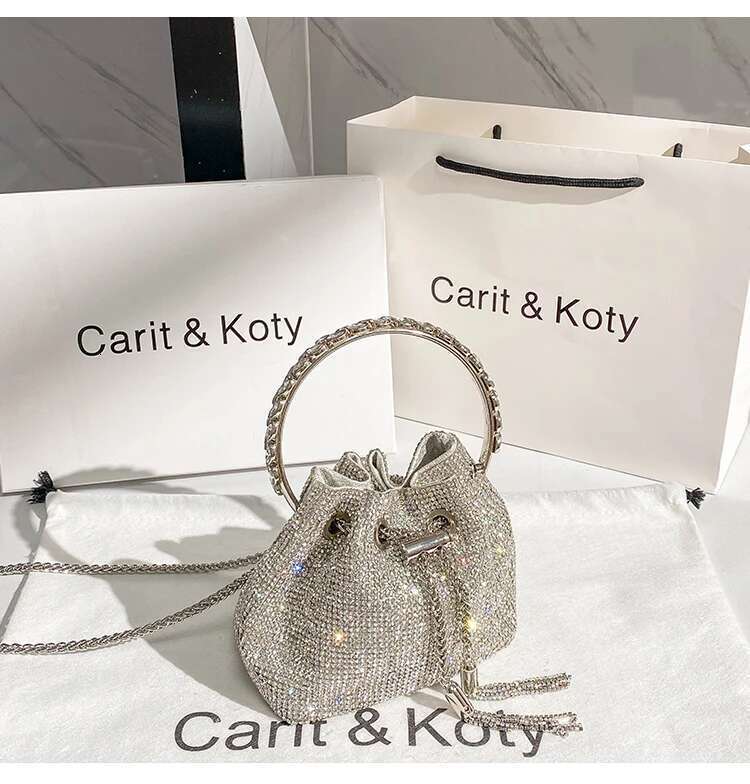 Rhinestones Dia Evening Clutch Designer Metal Ring Women's Handbag Wedding Party Bling Bucket Purse Shoulder Bag