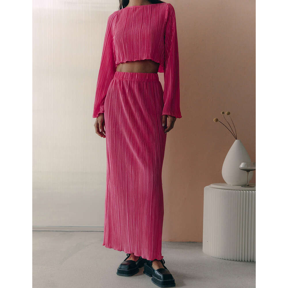 Women's Wear Women's Pleated For Spring/Summer With Flared Sleeves And Short Top+Mid Length Skirt Set