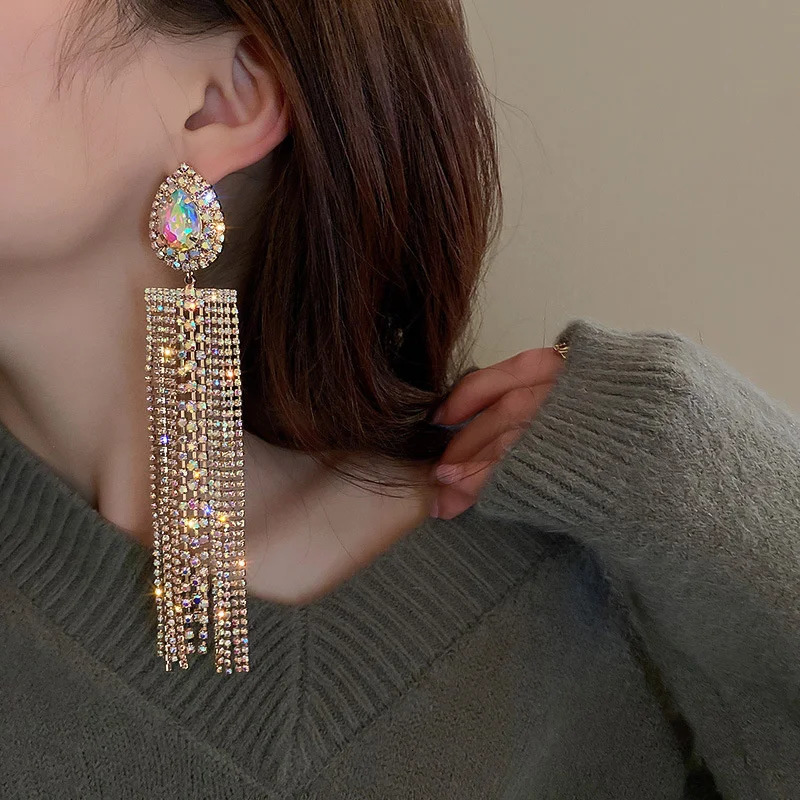 FYUAN Black Gold Color Water Drop Crystal Earrings Oversize Long Tassel Rhinestone for Women Dangle Earring Statement Jewelry 250513