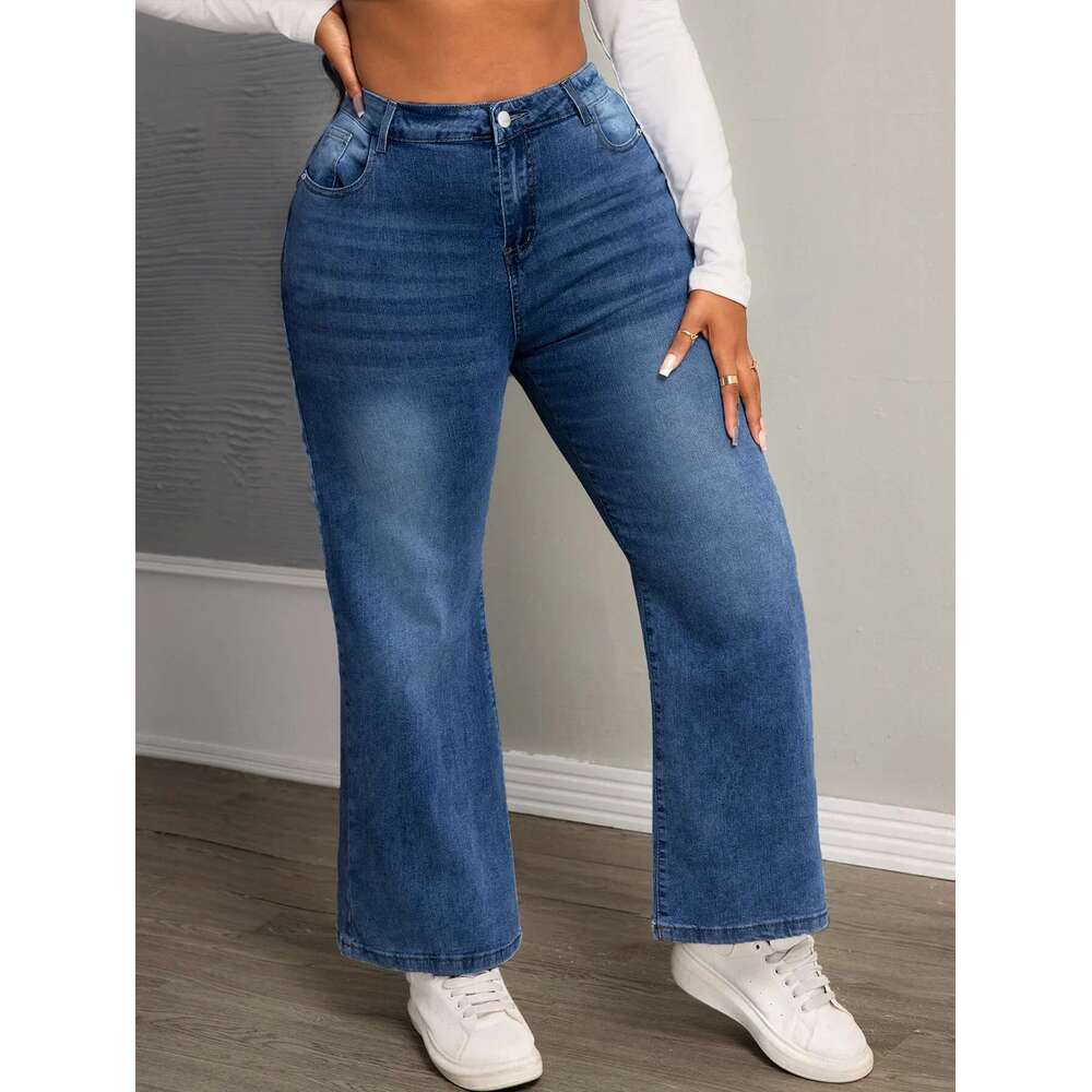 Women's Fashion Plus Size High Rise Straight Wide Leg Jeans - Stretch Comfort, Washed Blue