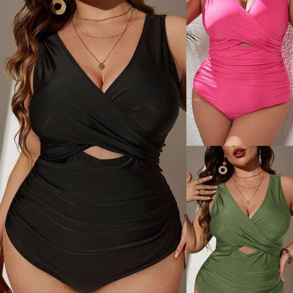 New European and American plus size one-piece women's beach solid color multi-color polyester high elasticity explosive swimsuit new temperament 