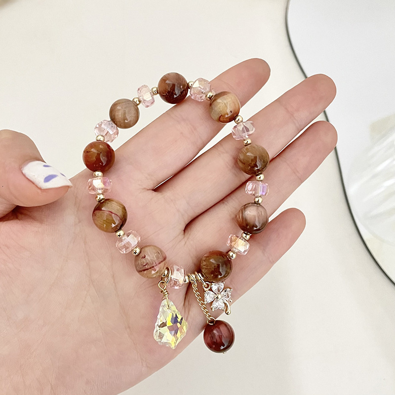 Minimalist Wood Grain Tiger Eye Stone Women's Beaded Handmade Fashion Crystal Decorative Elastic Bracelet Single Layer Adjustable