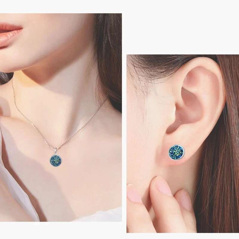 Fashion Drusy Round Pendant Jewelry For Anti Allergy Bling Stud Earrings Sets Women Party Necklace