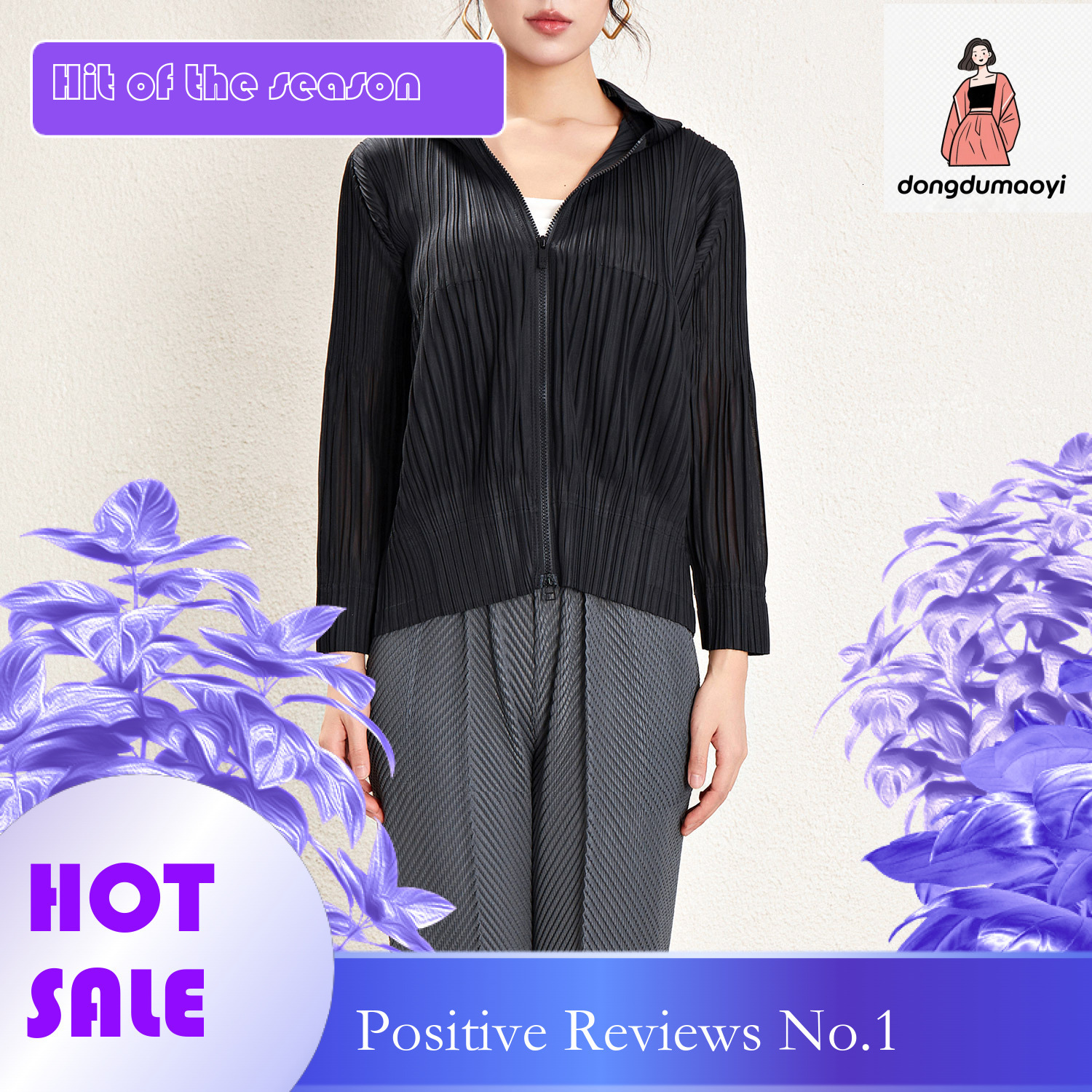 dongdumaoyi Miyake temperament small jacket 2024 spring new zipper hooded air-conditioned shirt long sleeved cardigan pleated top for women