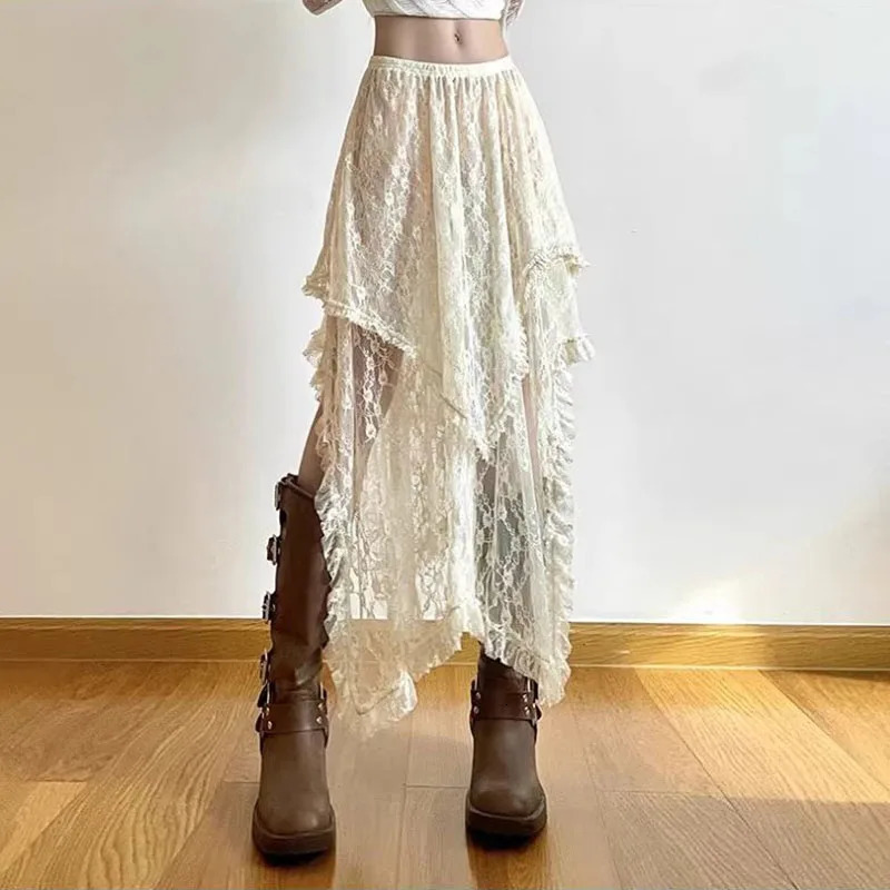 Lace Asymmetrical Skirt Women Vintage Y2K Boho Aesthetic Fashion High Waist Mid Skirts Summer Ladies Holiday Outfits 250514