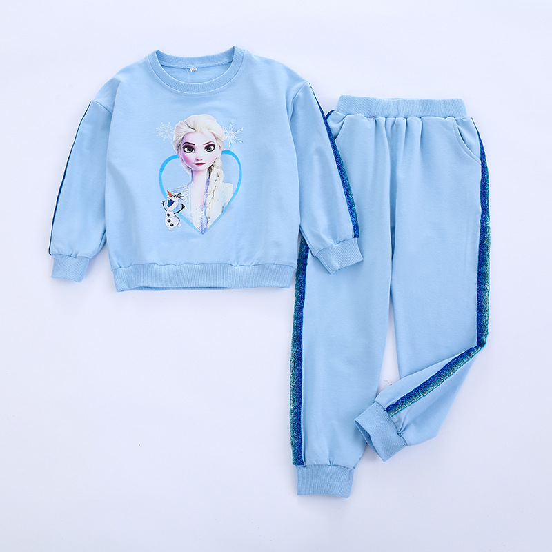 DISNEY Frozen Elsa princess kids designer clothes Spring and Autumn girls' set with sports printed sweatshirt and trousers.