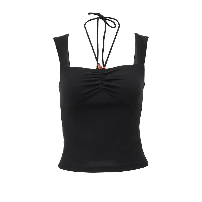 Where Mery summer womens black ultrathin tank top Y2K sexy square neckline pleated backless crop casual sleeveless tight vest 250506
