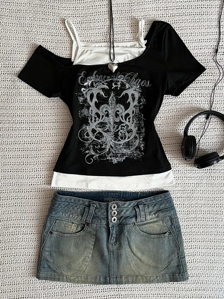Womens 90s Vintage Punk TShirt Summer Streetwear Sexy Short Sleeve Gothic Slim Crop Top girl Casual Femme Tee Harajuku Y2k 250514