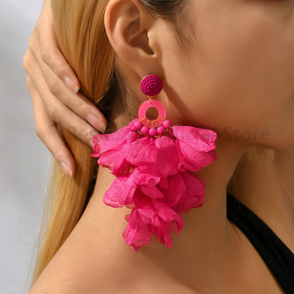 Boho Printed Fabric Flower Petal Decor Dangle Earrings For Women Elegant Handmade Bead Tassel Exaggerated Pendant Jewelry 250514