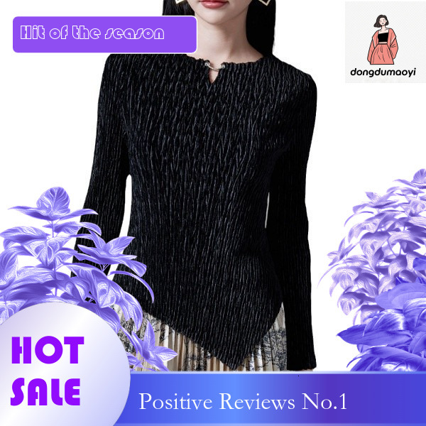 dongdumaoyi Gold velvet shirt long sleeved autumn and winter clothing 2024 new Miyake elastic pleated top women's base T-shirt