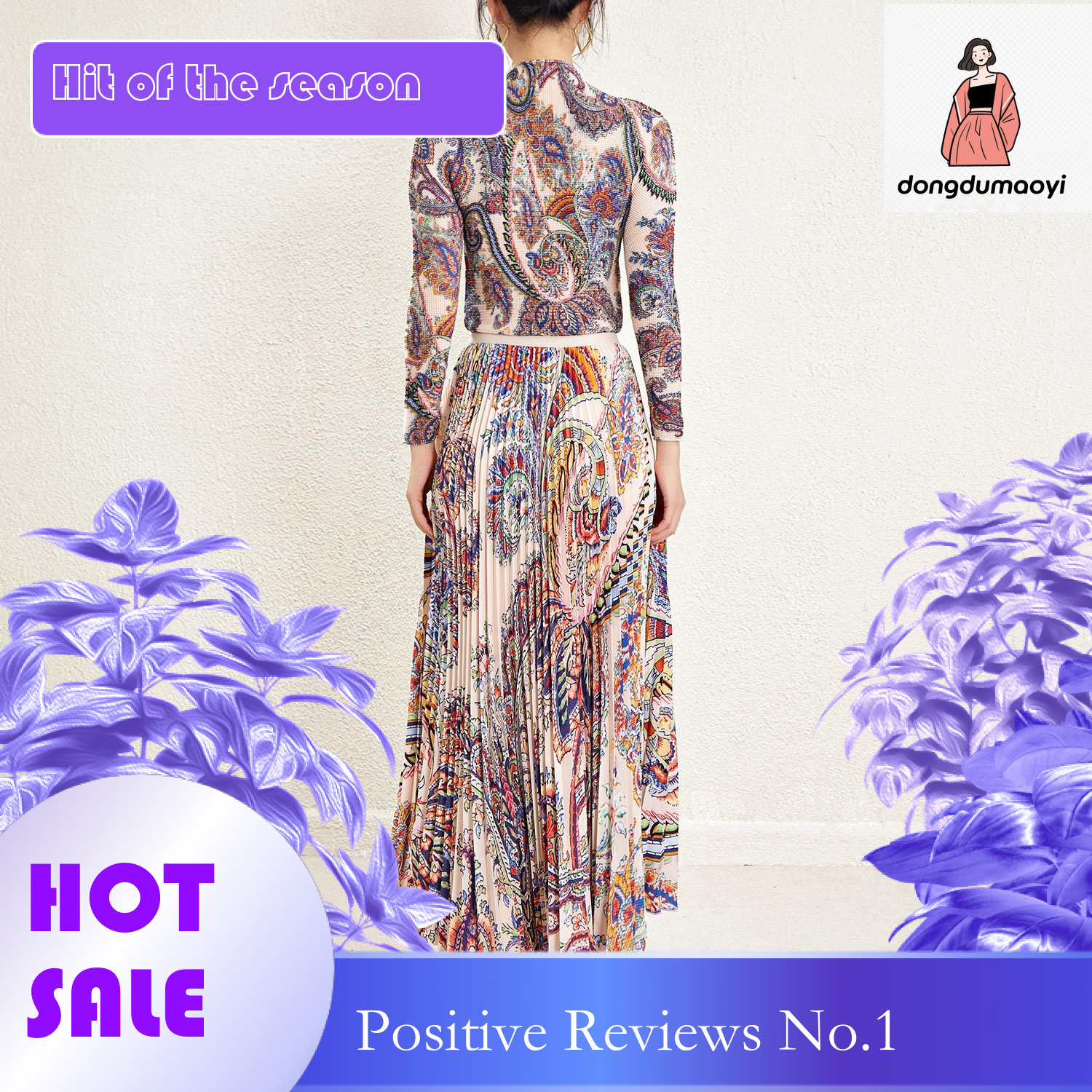 dongdumaoyi Muslim Miyake Fashion High end Women's Printed T-shirt Top Skirt Two piece Set