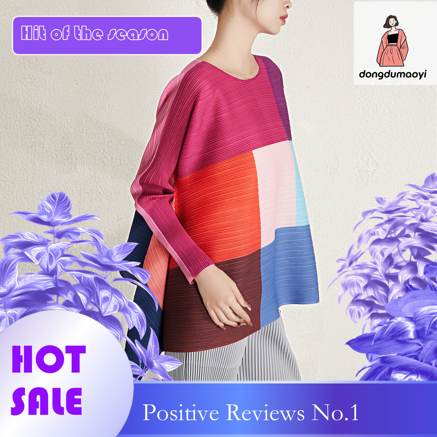 dongdumaoyi Women's long sleeved round neck women's Miyake style loose T-shirt, pleated checkered top