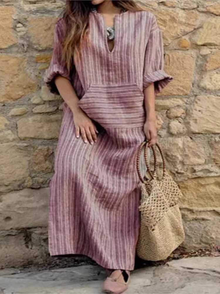 Autumn Womens New Cotton Linen Yarn-dyed Striped Long Dress Fashionable Big Pockets Sexy V-neck Long-sleeved Loose DressXJ250514