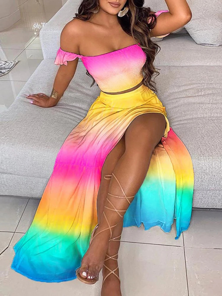 2-Piece Boho Chic Ensemble Off-Shoulder Smocked Tube Top Floral High-Waist Split Maxi Skirt Summer Women Casual Wear Dress Sets 250513