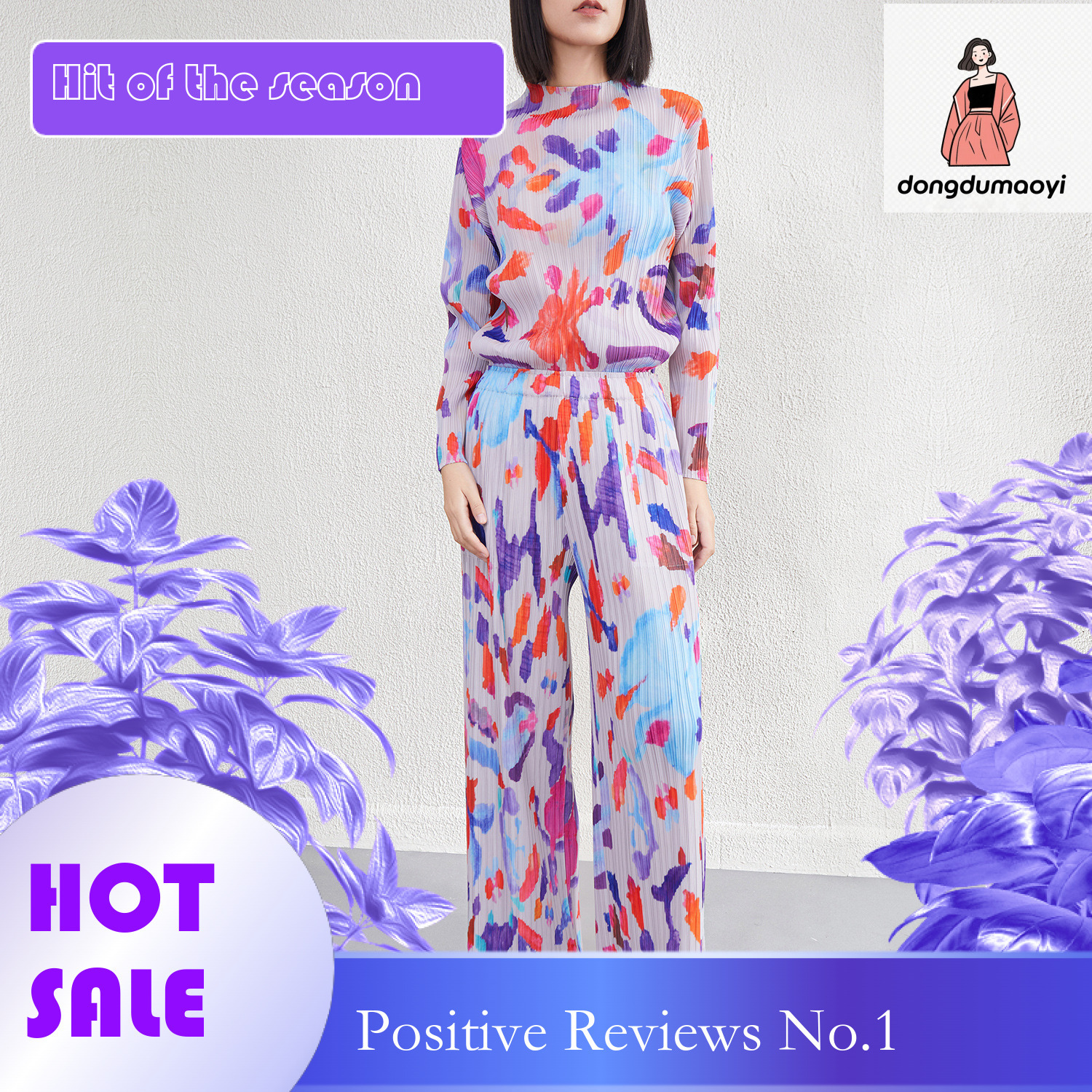 dongdumaoyi San Zhai Graffiti Half High Collar T-shirt Bottom Shirt Spring and Autumn New Product Casual Fashion Western Versatile Top Pants Set