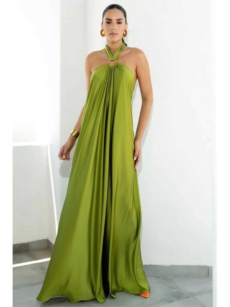 Party Dresses For Women Loose Halter Neck Leace-up Backless Sexy Satin Evening Dress A-line Summer New Fashion Elegant VacationXJ250514