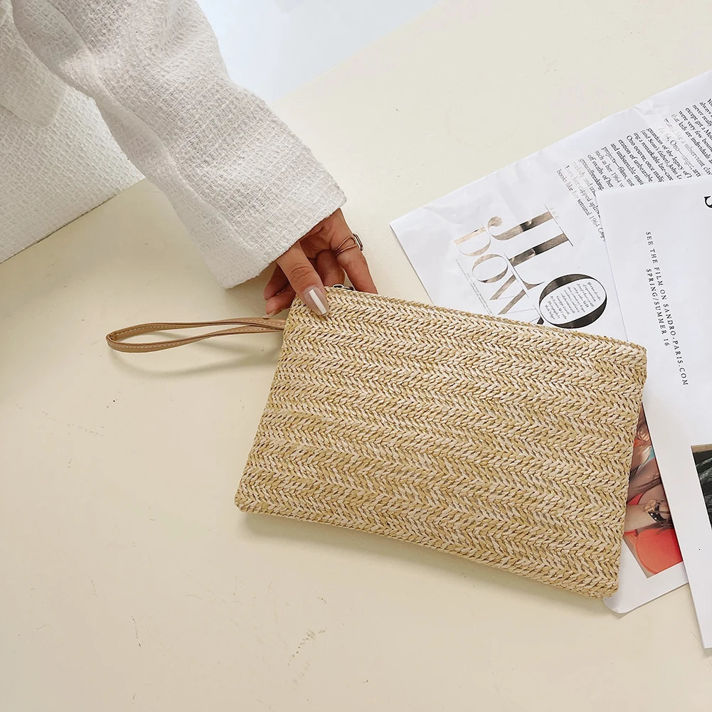 Fashion Women Bohemian Woven Clutch Wristlet Bag Casual Ladies Beach Summer Solid Color Small Handbags Purse White Beige Gifts 250514