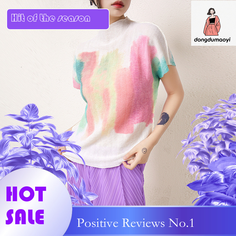 dongdumaoyi Miyake Top Women's 2024 Summer Short Sleeve Folded Small Shirt Graffiti Elastic Loose Look Thin Printed T-shirt Women