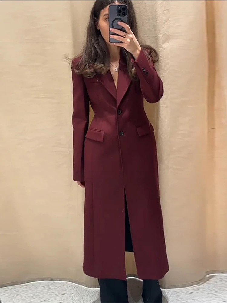Long Waist Cinched Suit Coat Jacket V-Neck Minimalist Slim Fit Elegant Women Overcoat Top Professional Formal Spring 250513