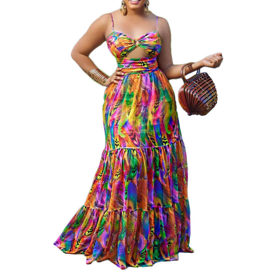 Women's Wear D3174 New Women's Sexy Strap Printed Sleeveless Open Back Long Dress