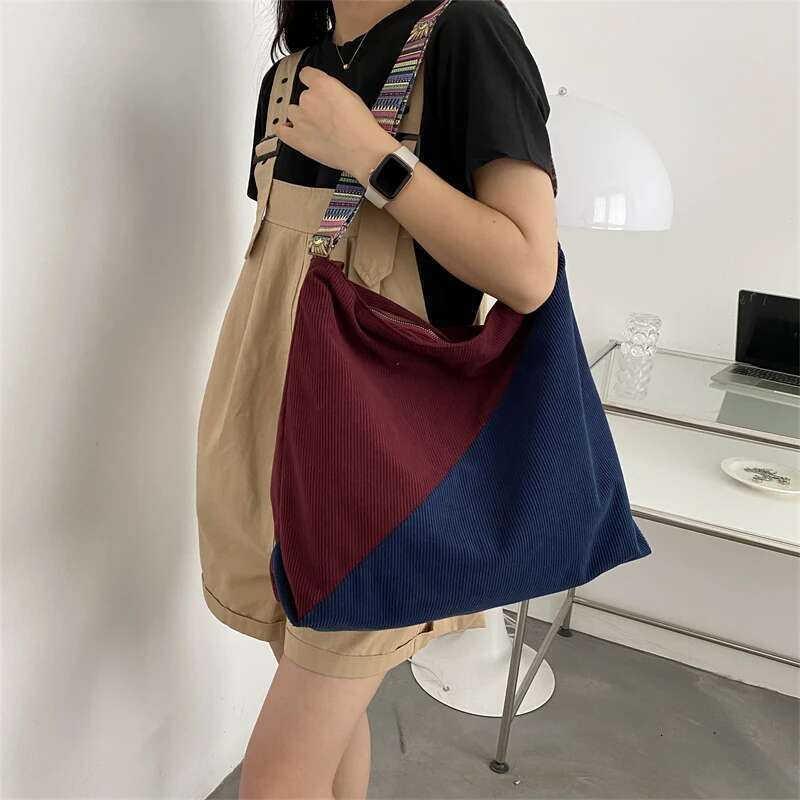 Women Corduroy Shoulder Bag Large Handbag Big Casual Tote Canvas Lining Solid Cloth Purse Zipper Crossbody Messenger Bags