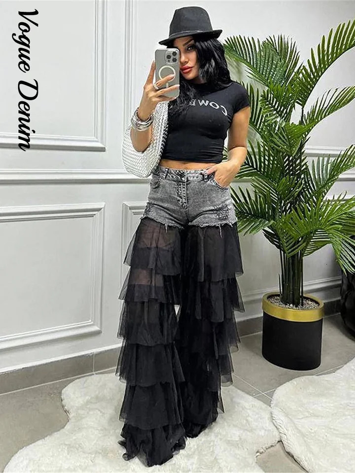 Summer Denim Patchwork Layer Tulle Woman Pants Wash Low Waist Pockets Cake Gauze Jeans 2025 High Street Female Trousers 250513