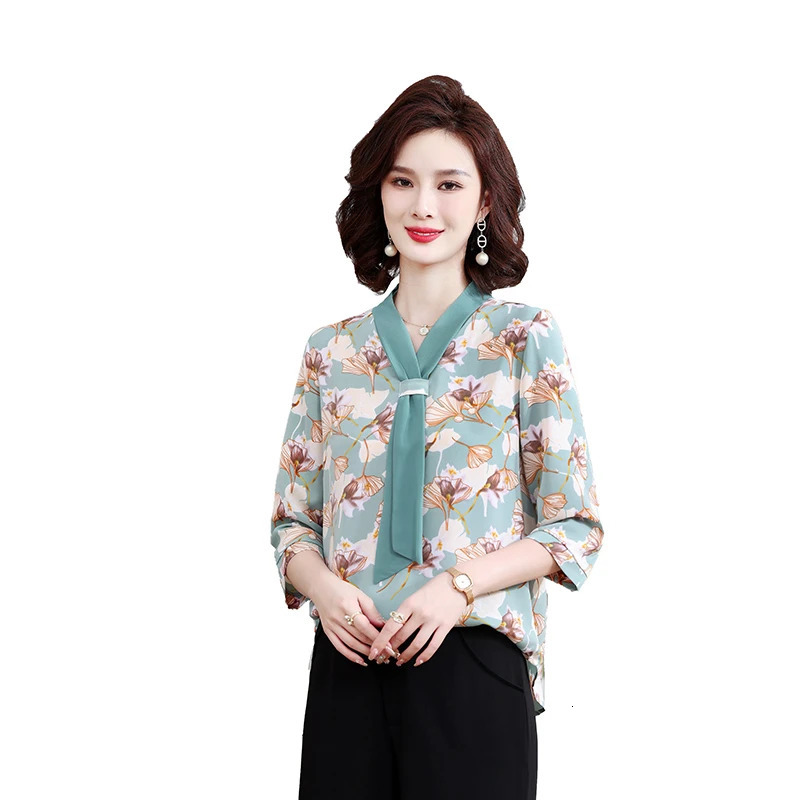 Fashion Printed Spring and Autumn shawl collar Womens Floral Checked Mid Sleeved Loose Chiffon Tops 250514