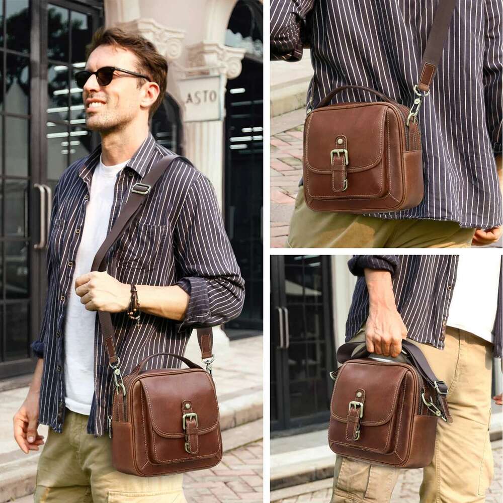 CONTACT'S Genuine Leather Men Small Messenger Bag Male Vintage Shoulder Brown Handbag Flap Travel Crossbody Bags