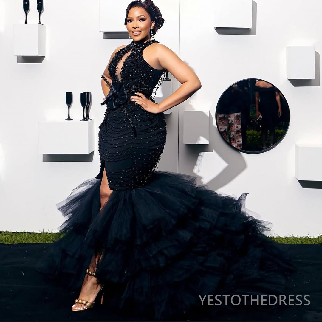 2025 Plus Size Black Aso Ebi Prom Dress Mermaid Prom Dresses Evening Formal Gowns Halter Side Split Tiered Beaded Lace Birthday Dress Second Reception