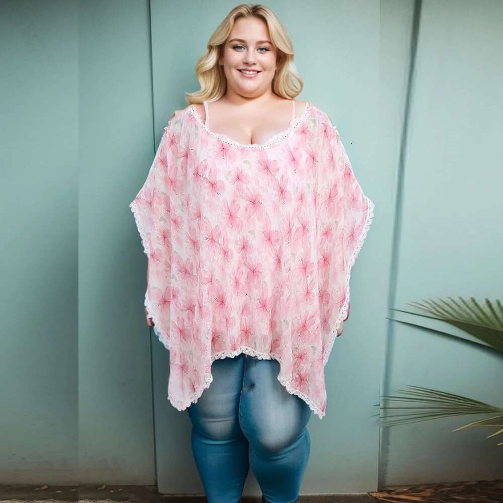 ROSEGAL Plus Size Women's Crisscross Camis Top and Blouse, Light Pink Print Lace Trim, Sheer Asymmetrical T-Shirts Vest Set