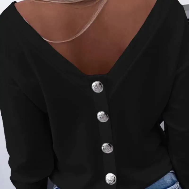 Autumn Long Sleeve Chic Back Buttons Pullovers Shirts Women Elegant Slim Fit Casual Blouse Fashion Solid Skew Collar Shirt 250514