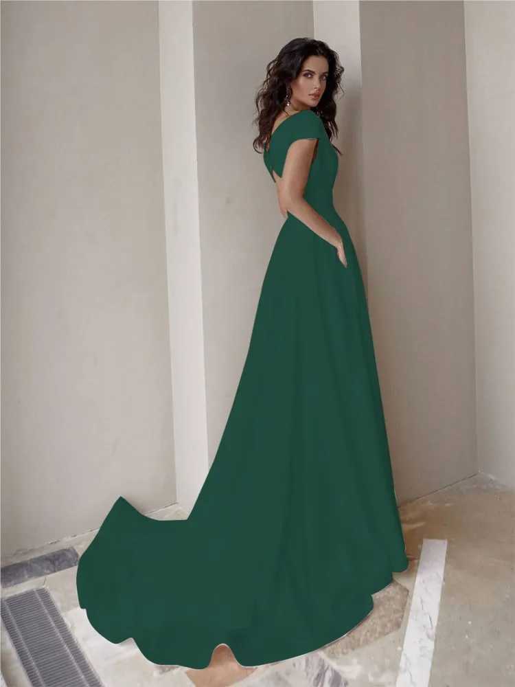 Elegant Long Chest-wrapped Ruffled Solid Color Crossbody Waist Slit Mid-waist Solid Color Temperament Commuting Evening DressXJ250514