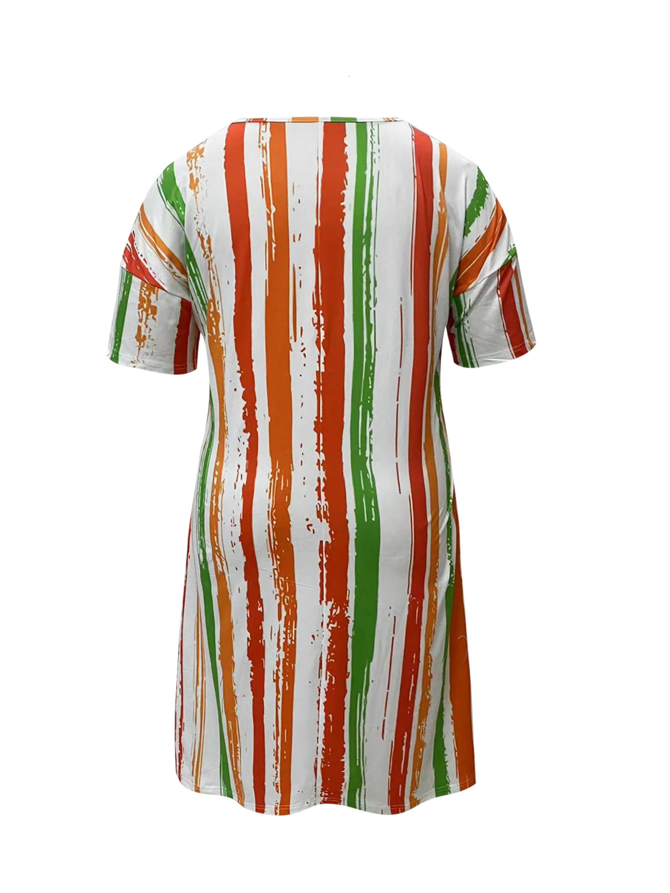 Large size fashionable and casual versatile colorful striped print dress with pockets 250509