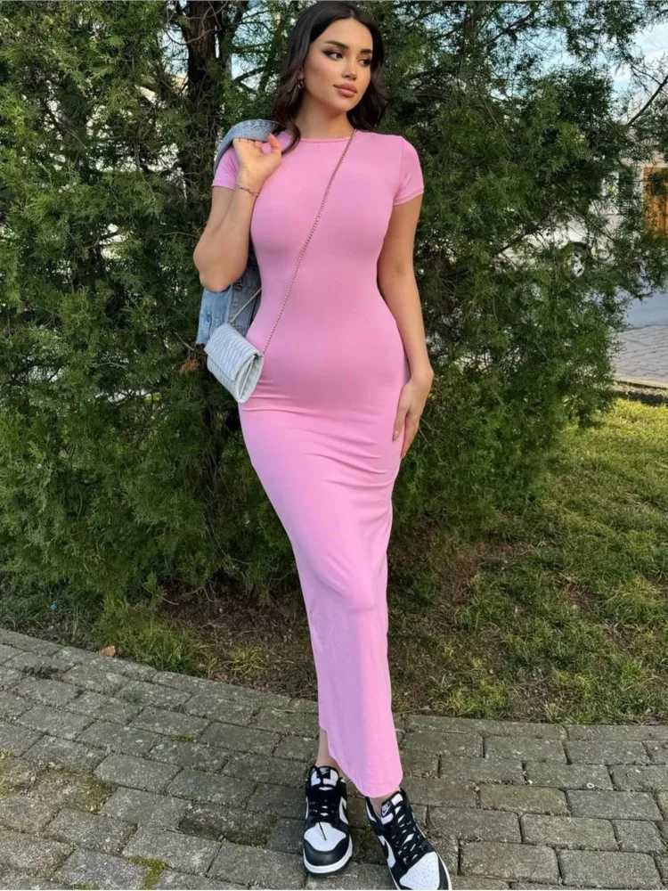 Temperament Solid Color Slim Long Dresses Women Fashion Package Hip Bodycon Short Sleeves Maxi Dress Dresses Female StreetwearXJ250514