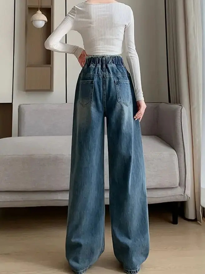 Large Size Denim Trousers Women Trailing Straight Wide Leg Loose High Waisted Slim Lace Tassel Higher Pants 250513
