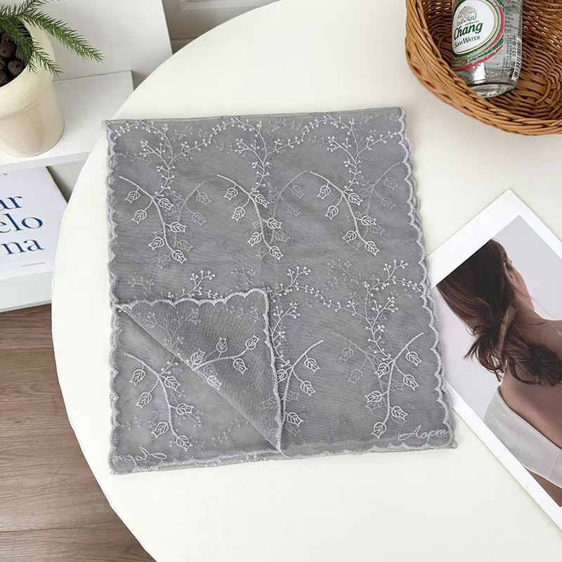T707 silk scarf female Korean version thin fresh and beautiful embroidered lace square scarf solid color gauze scarf elegant retro color literary scar