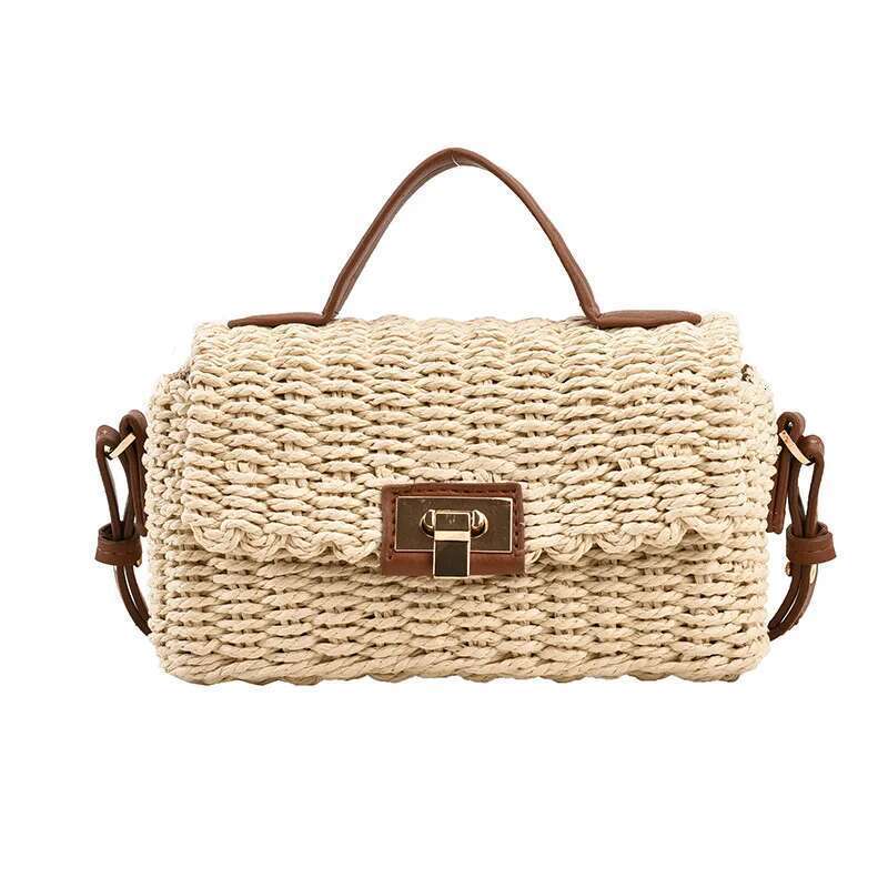 Shoulder Handmade Women's Summer Straw Beach Bag Bohemian Female Handbags Fashion Square Flap Lock Designer Shopper Purse