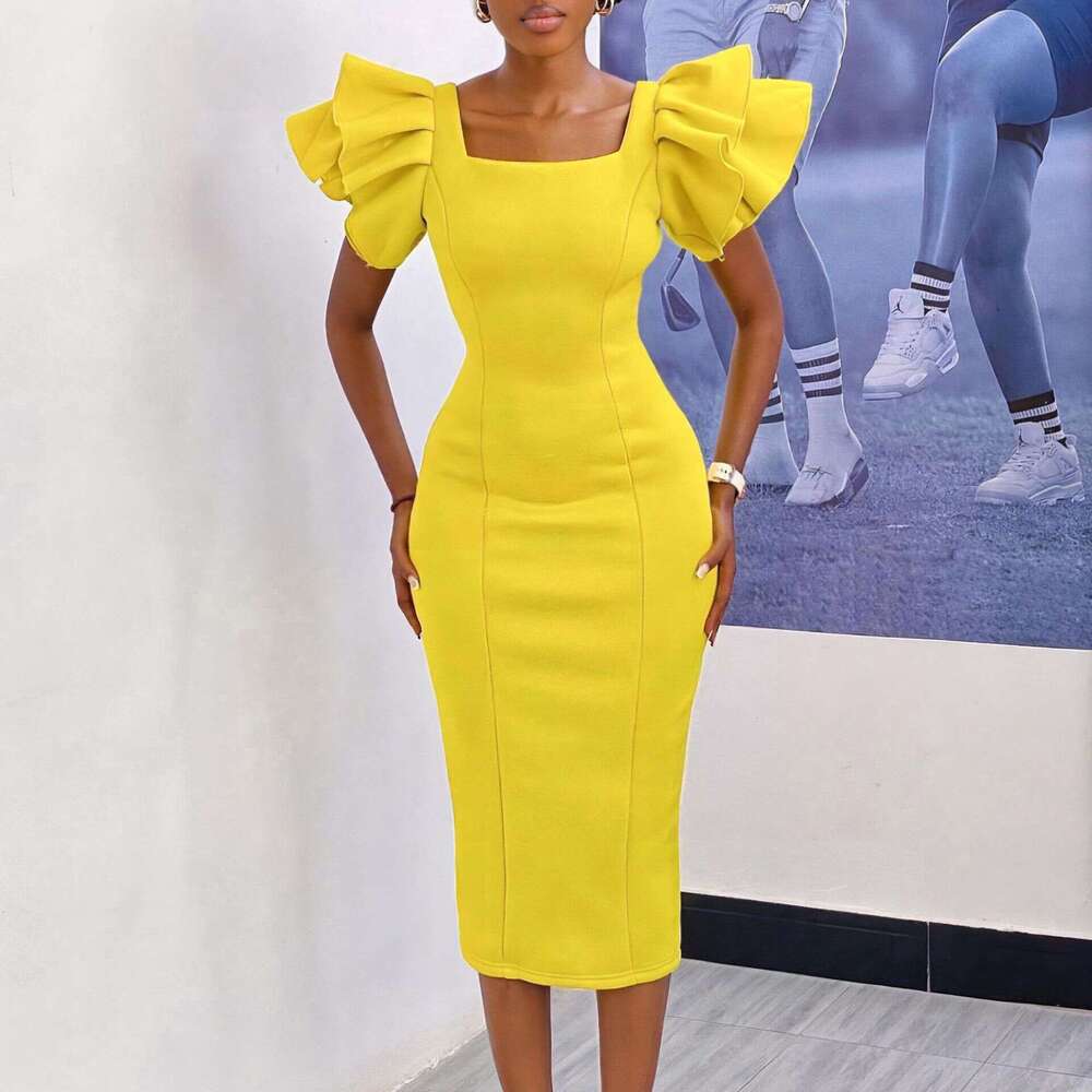 Women's Wear Women's Wear Women's Temperament Commuting Square Neck Ruffle Sleeves Socialite Party Dress