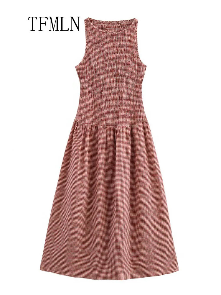 TFMLN Chic Casual Plaid Women Dresses Elegant ONeck Pleated Sleeveless Long Pullover Dress Fashion Summer Female Vestido 250514