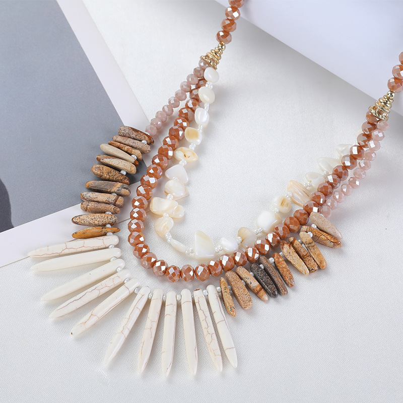 Long tooth pine stone crystal glass bead necklace