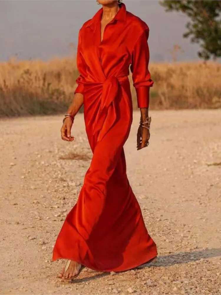 Womens Fashion Casual Split Long Dresses Spring Autumn Lapel Long Sleeve Shirt Skirt High Waist Solid Color Loose Lace Up DressXJ250514