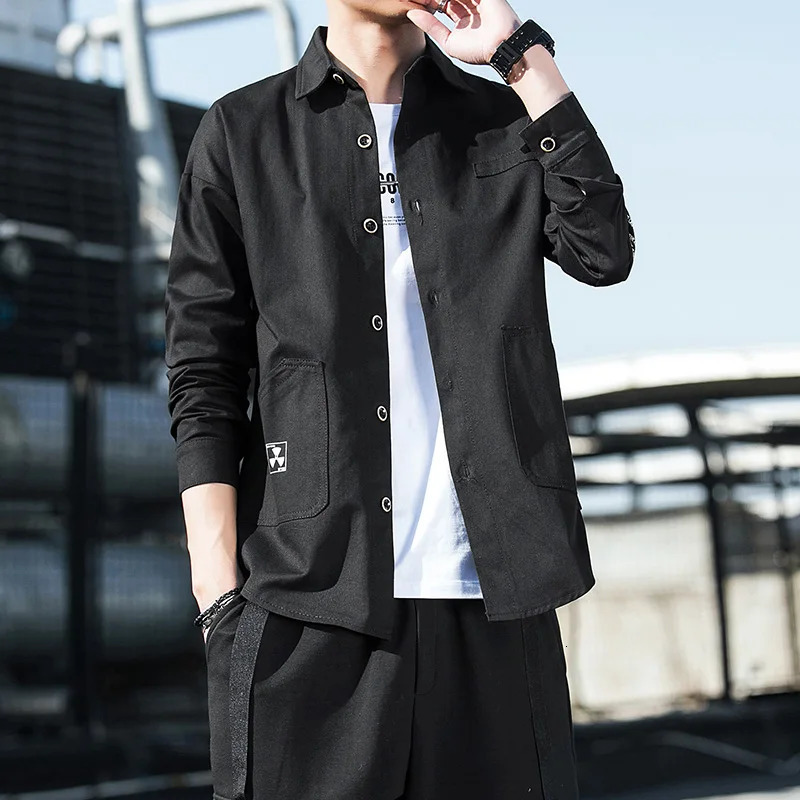 Autumn highquality washed cotton shirt mens long sleeved lapel cargo clothing Korean streetwear retro 250506Z