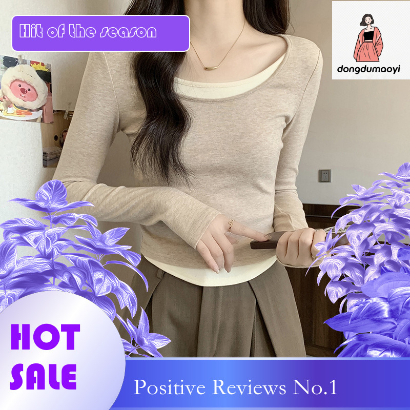 dongdumaoyi Design sense fake two-piece color blocked long sleeved T-shirt for women in the spring of 2025, slim fit pure desire top, inner layer bott