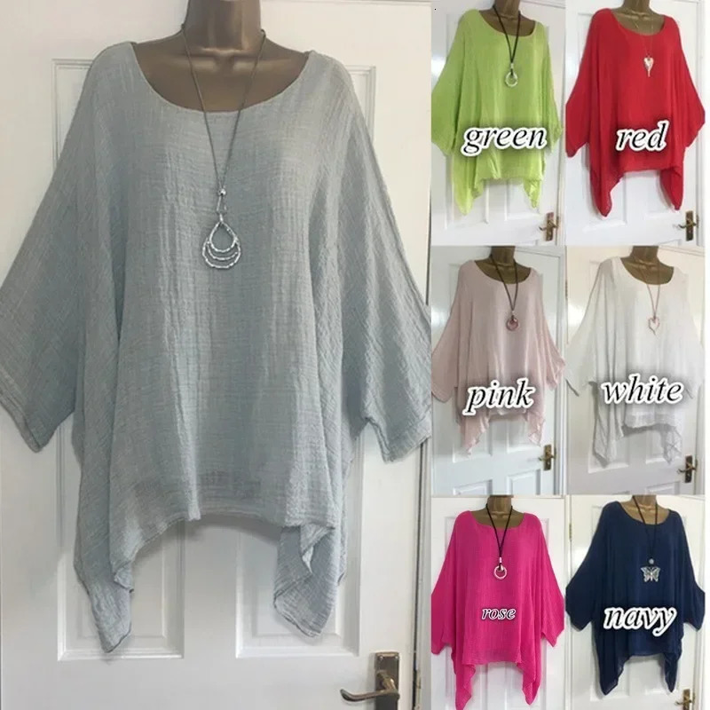 Womens tshirts Plus Size 5XL TShirt Linen O Neck Casual Loose Shirt Summer Autumn Solid Batwing Long Sleeve 250514