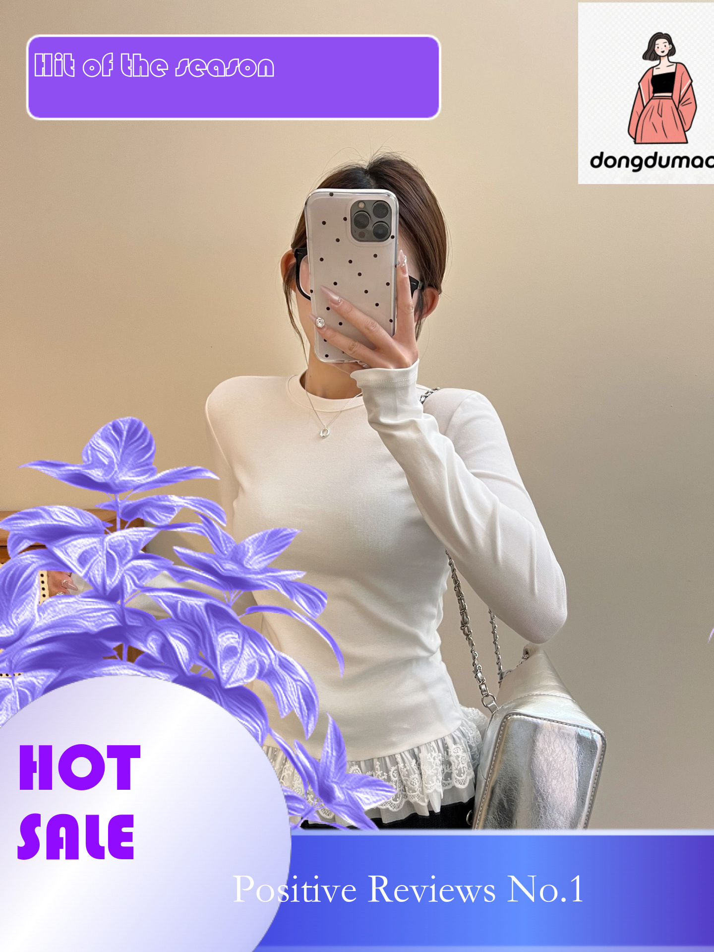 dongdumaoyi Solid color ballet style hem lace round neck long sleeved t-shirt for women in spring and summer 2025, mid length inner top