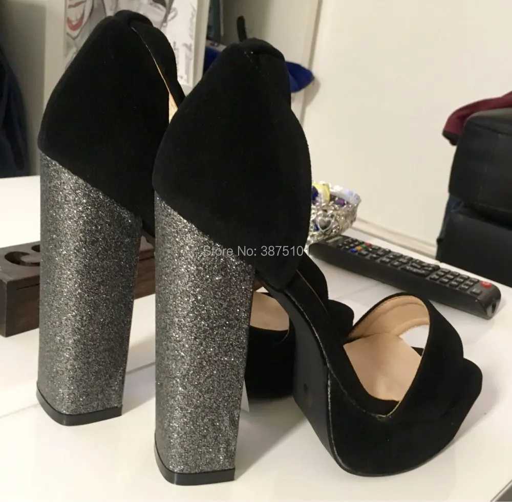 Boldees Chic Black Suede Chunky Heel Platform Sandals Line Buckle Style OpenToe Glittery Sequins Decorated Block HeelDress Shoes W250514