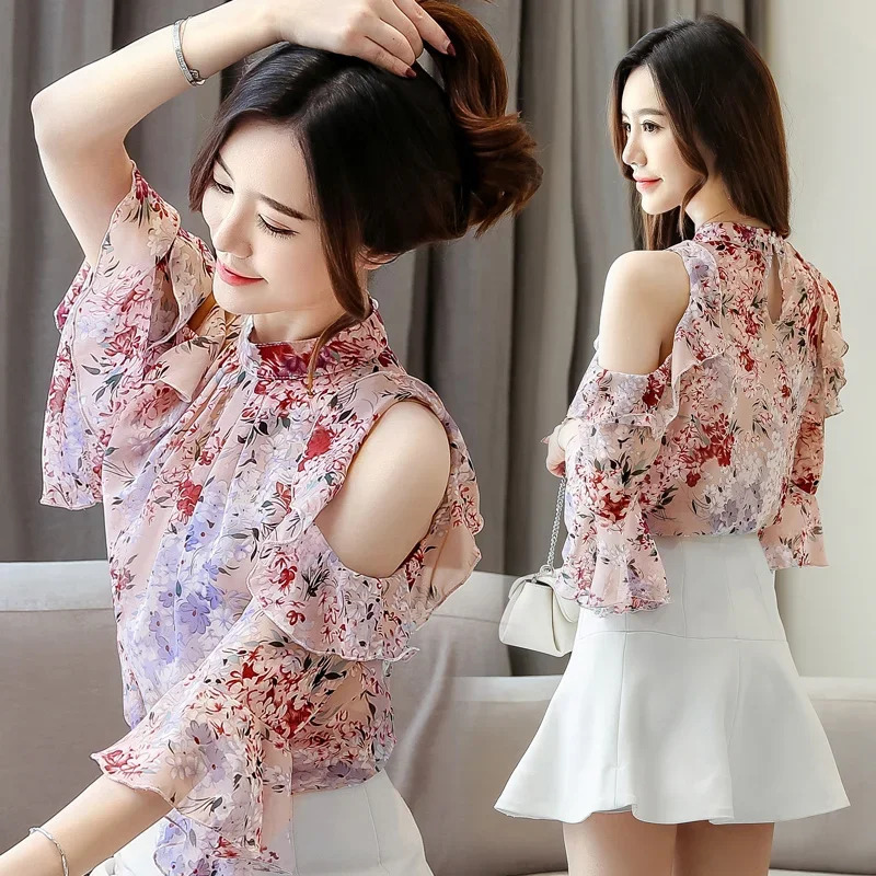 Elegant Womens Blouses Tops Short Sleeve Butterfly Chiffon Women Clothing Female Shirts Long Floral 5388 250514