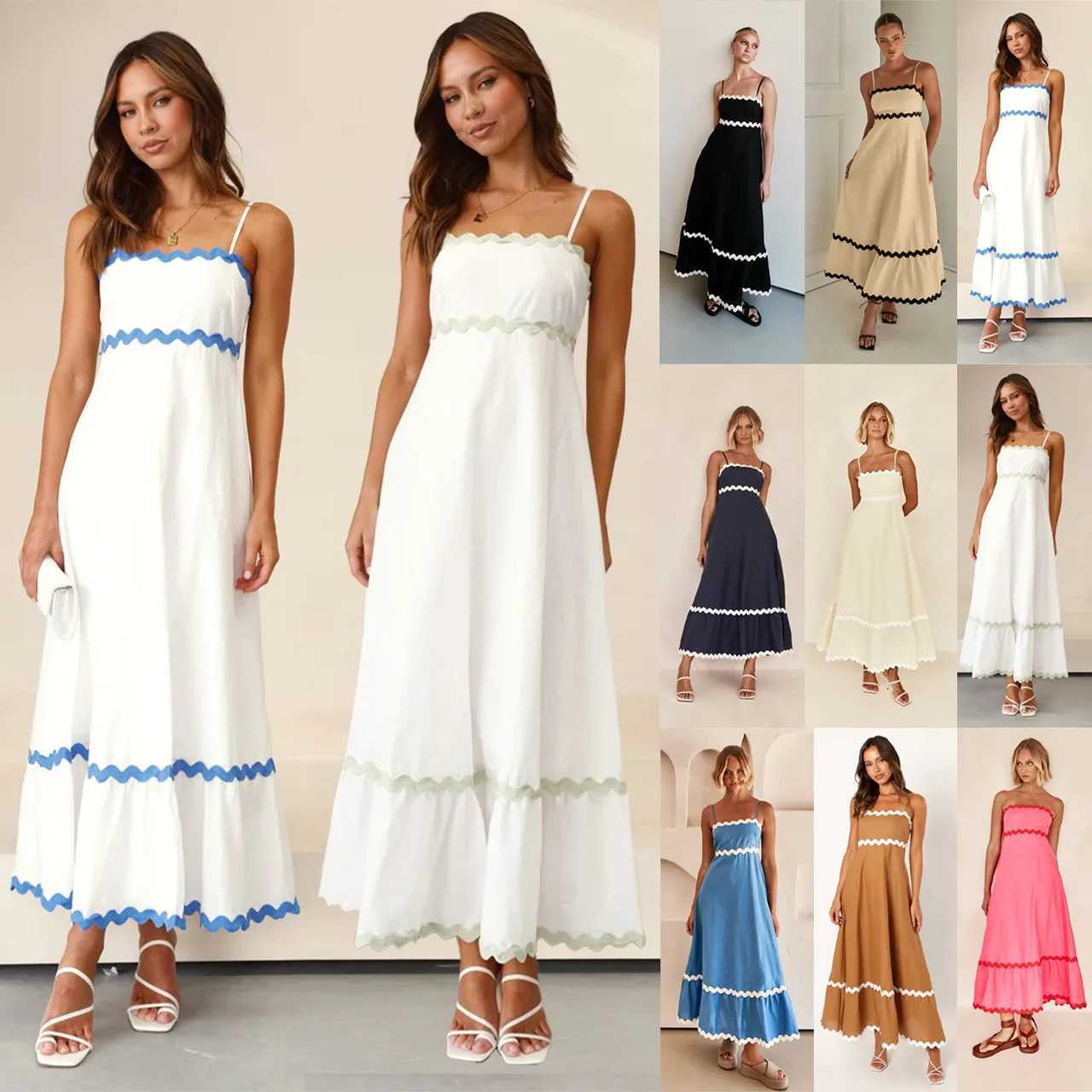 Sexy Striped Spaghetti Strap Long Dresses For Women Backless Casual Vacation Maxi A-line Beach Dress Female Sleeveless VestidosXJ250514