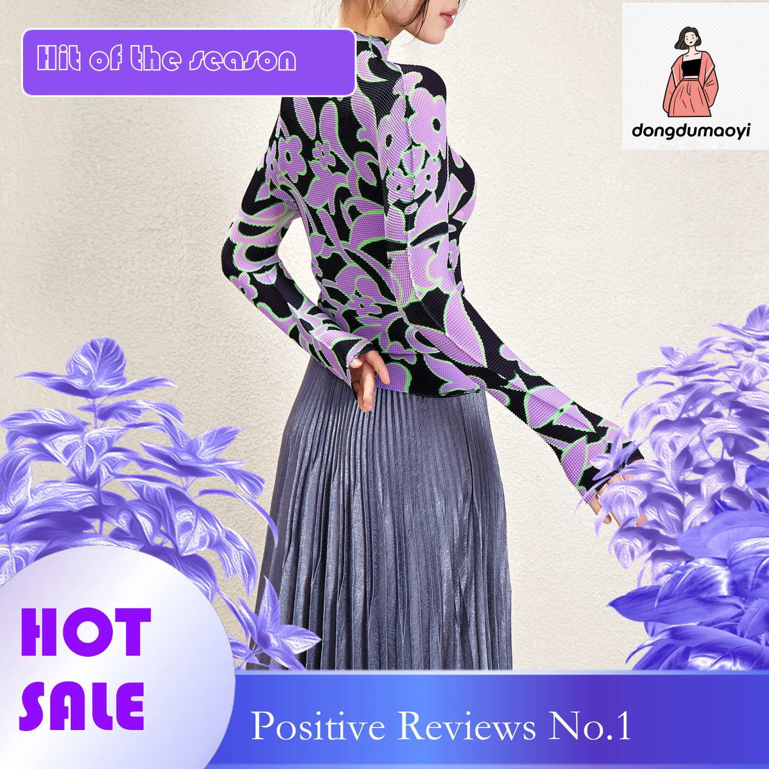 dongdumaoyi Elastic slim fit slimming long sleeved pleated T-shirt base, new Miyake semi high neck printed top for women