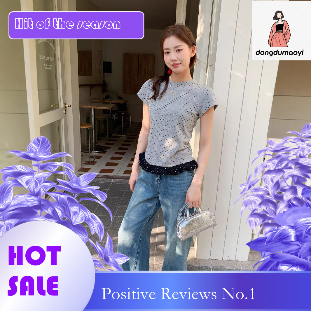 dongdumaoyi Polka dot short sleeved t-shirt in spring summer 2025, new European style design, lace patchwork top with inner and bottom layer for women